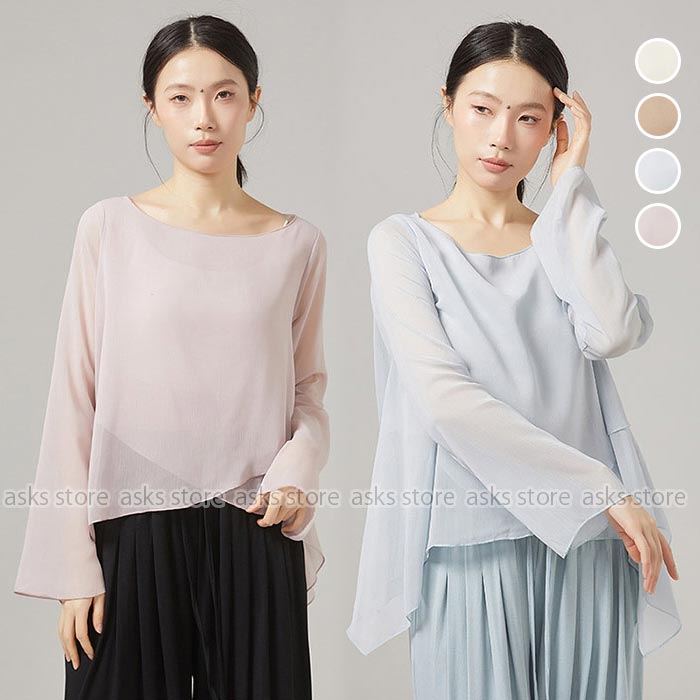 Rakuten - 古典ダンストップス 長袖 シースルー ブラウス アシンメトリー 交差裾 大人ダンス衣装 ダンストップス 飄逸 ゆったり 社交ダンス衣装 モダンダンス 練功服 練習着 レッスン着 ステージ衣装 4色 発表会 古典舞踊 ダンス稽古 ダンス授業 初心者 レッスンウェア エレガント