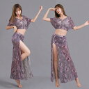 ベリーダンス衣装 セットアップ Belly dance 花レース 半袖トップス+ロングスカート 花柄 練習着 レッスンウェア 総柄 2点セット Vネックブラウス...