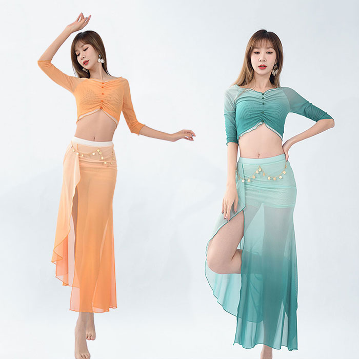 ベリーダンス衣装 セットアップ Belly dance 練習着 レッスン着 シースルー グラデーション 五分袖へそ出しトップス スカート ウエストチェーン インナーパンツ Vネック スリット セクシー 社交ダンスウェア ステージ衣装 女性 大人 発表会 コスチューム パーティー S M L XL