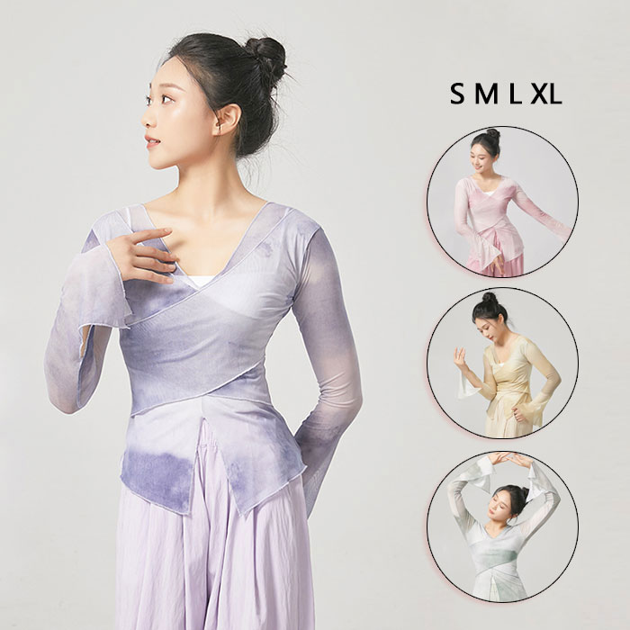 古典ダンス衣装 トップス 4色 ブラウス単品 グラデーション ダンストップス 練功服 シースルー 練習用 長袖 レッスン着 チュール バレエダンス カットソー 袖スリット モダン ダンス衣装 トップス 大人 発表会 エレガント バレエ ヨガ ダンスウェア 美シルエット S M L XL