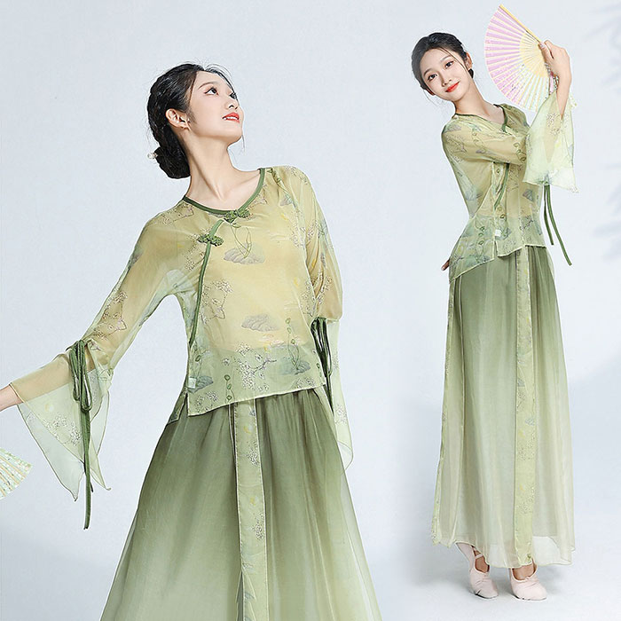 古典ダンス衣装 レディース 羽織ブラウス シースルー 花柄 スリットのフリル袖 ガウチョパンツ ワイド..