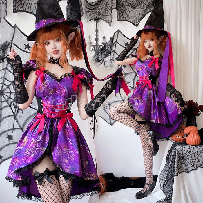 ハロウイン コスプレ衣装 大人 レディース 蜘蛛 ワンピース コスチューム 半袖 膝丈 帽子 花レース クモ 悪魔 吸血鬼 精霊 幽霊 可愛い コスプレ 仮装 変身 魔法 巫女 魔女 魔法使い ウィッチ 変装 姫系 パーティー マスカレード バンパイア cosplay 宴会 余興 おしゃれ