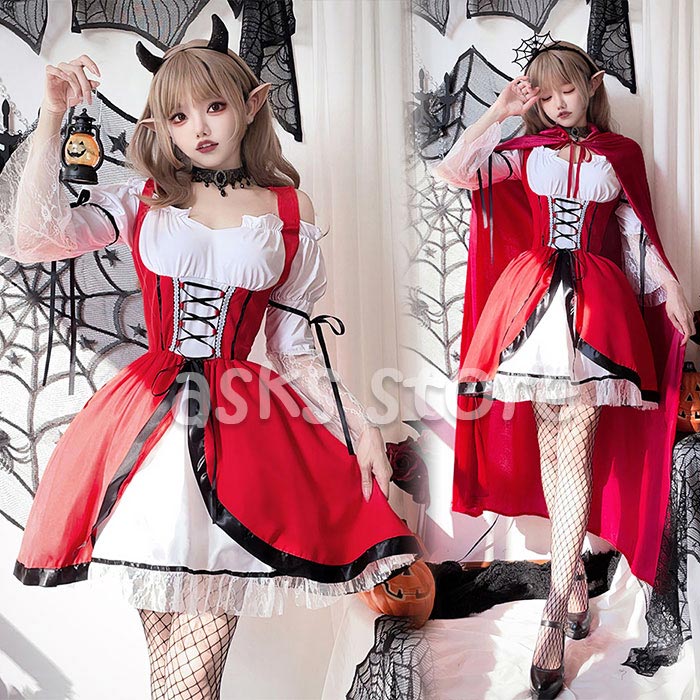 乐天商城 - ハロウインコスプレ衣装 メイド服 レディース ハロウイン コスチューム セットアップ ワンピース ケープ 可愛い ハロウイン仮装 キャラクター 変装 姫系 レース袖 マント 発表会 イベント 演出服 魔女 ウィッチ 文化祭 学園祭 パーティー 洋服 ハロウイン コスプレ 余興