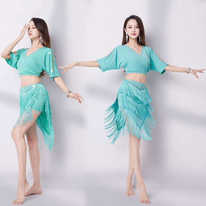 asks Dance Gearのベリーダンス 衣装 上下セット 大人 レッスン着 ショート丈 トップス Vネック へそ出し スカート 裾フリンジ タッセル 美シルエット スパンコール 練習着 インナーパンツ付き 初心者向け ダンス服 練功服 衣装セット ベリーダンス衣装 レディース 女性用 セクシー おしゃれ｜アングル3