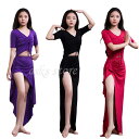 ベリーダンス 上下セットアップ ダンス衣装 練習着 Vネック スカート スリット入り インナーパンツ付き ベリーダンス衣装 レッスンウェア ダンス授業 パフォー...