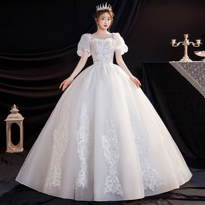 ウェディングドレス 床付き ワンピース 半袖 袖あり Aライン 花嫁 ドレス 結婚式 スパンコール 花刺繍 姫系 ウエディングドレス 二次会ドレス 白 ドレス 花嫁 二次会 結婚式 フォーマルドレス 編み上げタイプ ウエディング 披露宴 海外挙式 大きいサイズ 可愛いデザイン