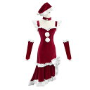 サンタ コスプレ コス サンタコス ワンピース アシンメトリー キャミソール コスチューム クリスマス サンタクロース 帽子付き 手袋 ベロア素材 フリル 蝶結び レディース 衣装 セット バニーガール 大人 女性 セクシー タイト かわいい 可愛い エロ パーティー ハロウィン
