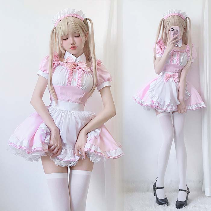 Waitress - メイド服 ワンピース ロリータ服 ロリータ かわいい カチューシャ付き 半袖 レディース コスプレ 衣装 セット 仮装 女装 フリル 蝶結び メイド ウェイトレス コスチューム セクシー カフェ イベント ハロウィン 定番 ゴスロリ lolita cosplay コス 男ウケ ミニスカ ピンク