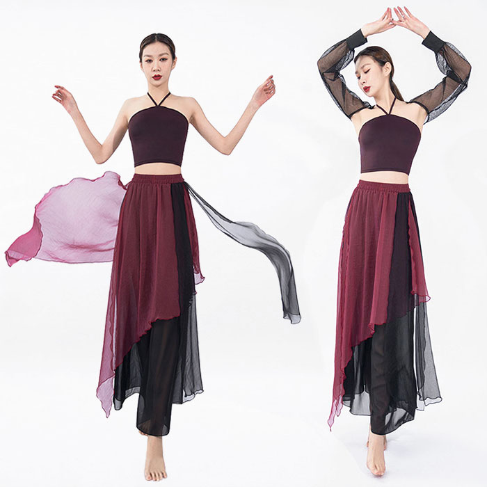 Rakuten - レディース古典ダンス練功服 新作 上下セット 古典ダンス衣装 セクシー 飄逸 キャミソールは ブラウス シースルー ワイドパンツ スカパン 二重シフォン バイカラー レッスン着 モダン 古典ダンス レッスン 中華風 チャイナダンス 中国古典舞踊 発表会 ステージ衣装 M L XL