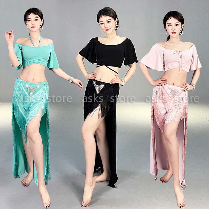ベリーダンス衣装 セットアプ レッスン着 トップス 半袖 へそ出し ダンス練功服 長袖 ロングスカート スリット入り アシンメトリー インナーパンツ付き フリン...