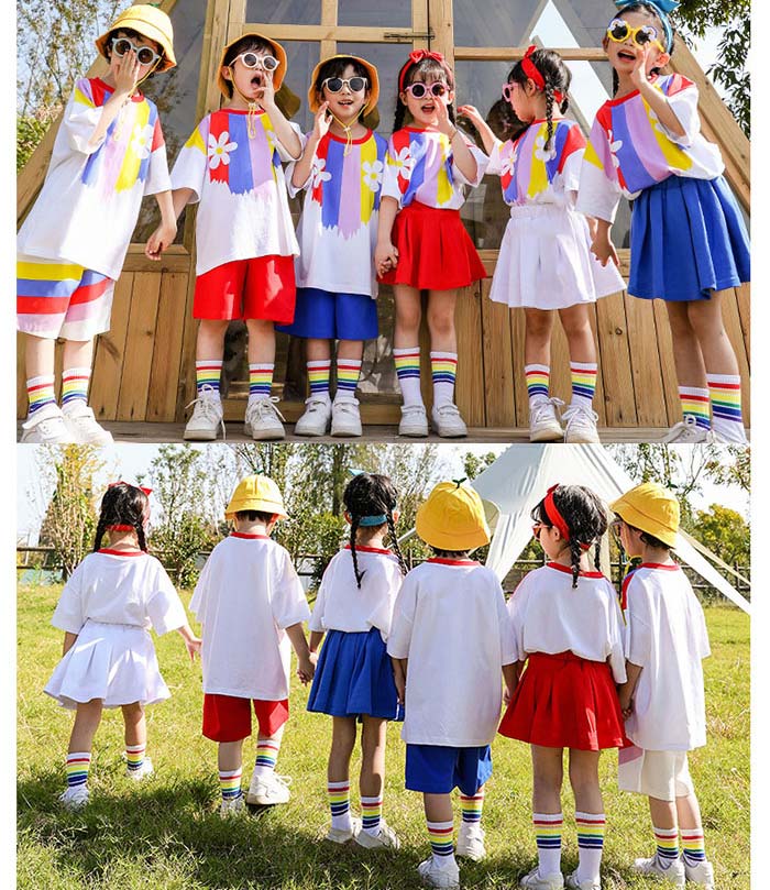Rakuten - キッズ ステージ衣装 チアダンス 衣装 子ども 半袖シャツ スカート パンツ 上下セット 花柄 カラフル 応援服 演出服 チアガール ダンス衣装 幼稚園 小学生 子供服 お揃い 可愛い 団体服 運動会 体育祭 ヒップホップ 男の子 女の子 ジャズダンス 文化祭 練習応援団 おしゃれ