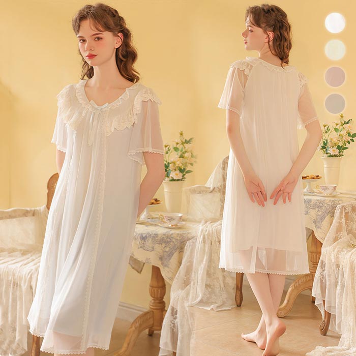 ネグリジェ レディース パジャマ ワンピース 宮廷風 ルームウェア 春夏 ネグリジェ 膝丈 半袖 チュール..
