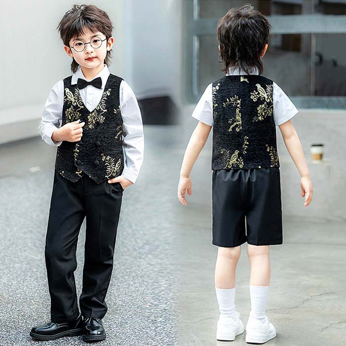 Rakuten - 入学式 スーツ 男の子 スーツベスト ジャガード 花柄 ステージ衣装 韓国子供 卒業式 おしゃれ ベスト シャツ 半袖/長袖 長ズボン/ショートパンツ 蝶ネクタイ フォーマルスーツ 合唱団服 司会者 七五三 写真撮影 幼稚園 小学生 キッズスーツ 誕生日 パーティー かっこいい