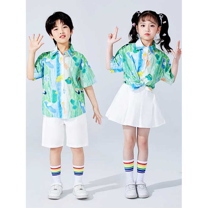 乐天商城 - 子供服 半袖シャツ スカート パンツ 上下セット 花柄 応援服 演出服 チアガール ダンス衣装 男の子 女の子 ジャズダンス ステージ衣装 子ども チアダンス 衣装 キッズ 幼稚園 小学生 お揃い 可愛い 団体服 運動会 体育祭 ヒップホップ 文化祭 練習着 応援団 K-POP
