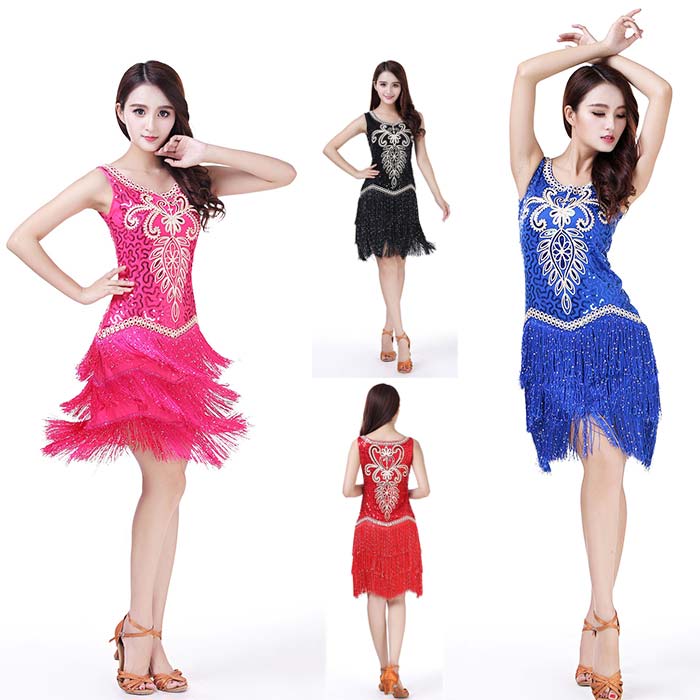 Rakuten - レディース ラテンダンス衣装 モダンダンス 社交ダンス衣装 ダンスワンピース ラテンダンスドレス スパンコール フリンジ ノースリーブ ラテン衣装 スパンコール ステージ衣装 舞台 演出服 パーティー DANCE 練習着 社交ワンピース ダンスウェア 全4色 競技着 試合選択
