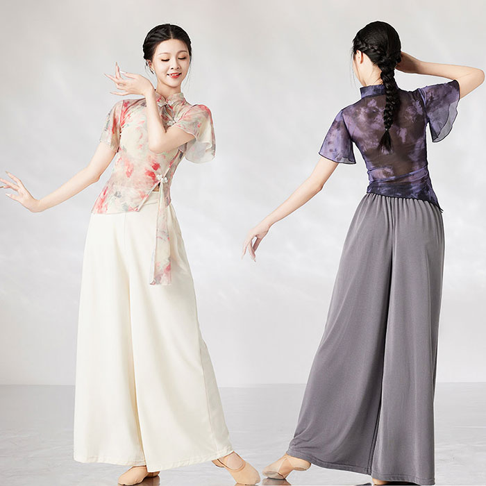 チャイナ風 ダンス衣装 シースルー 古典舞踊練功服 古典ダンス衣装 ダンスパンツ セット 半袖 花柄 紗シャツ ふわんり シフォン ガウチョパンツ スリット 不規則裾 美シルエット モダンダンス 中国踊り 練習着 レッスン ステージ衣装 発表会 社交ダンス お揃い 団服