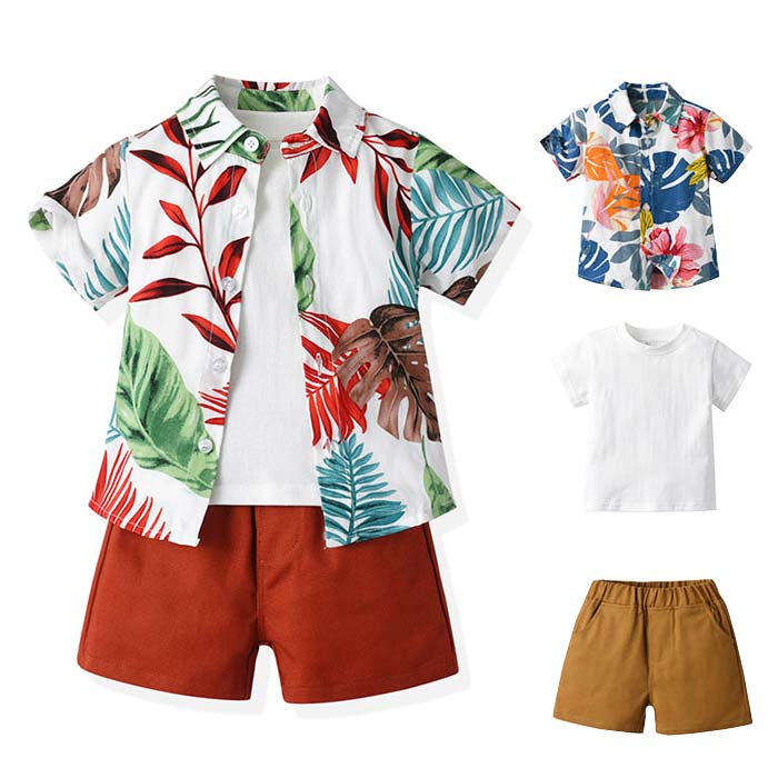 乐天商城 - アロハ セットアップ 子供服 花柄 キッズ 男の子 上下3点セット アロハシャツ tシャツ 半袖シャツ ハーフパンツ 子ども ベビー服 子供シャツ おしゃれ ハワイ リゾート キッズファッション 夏 可愛い カジュアルシャツ ショートパンツ 男児 おしゃれ 遊び 普段着 かっこいい