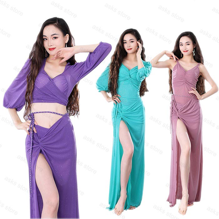 乐天商城 - ベリーダンス衣装 セクシー レッスン着 2点セット 3点セット トップス へそ出し スカート スリット入り キャミソール ラメ入り 初心者向け ステージ衣装 練功服 競技着 カジュアル 体型カバー モダンダンス ベリーダンス 民族風 練習着 発表会 ダンス演出 舞台衣装 おしゃれ