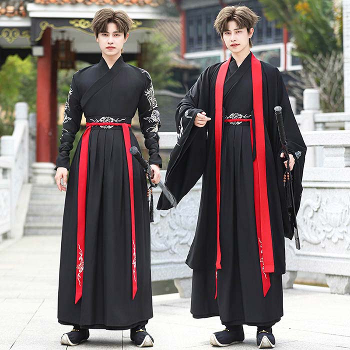 漢服 メンズ コスプレ衣装 ハロウィン 2点セット/3点セット 華流コスチューム メンズ唐装漢服 鶴刺繍 美しい セットアップ 長袖 交差襟 トップス ロングスカート 振袖羽織 変装 仮装 学園祭 文化祭 コスプレ イベント衣装 撮影 中国古代美男子 衣装 刺繍 大きいサイズ