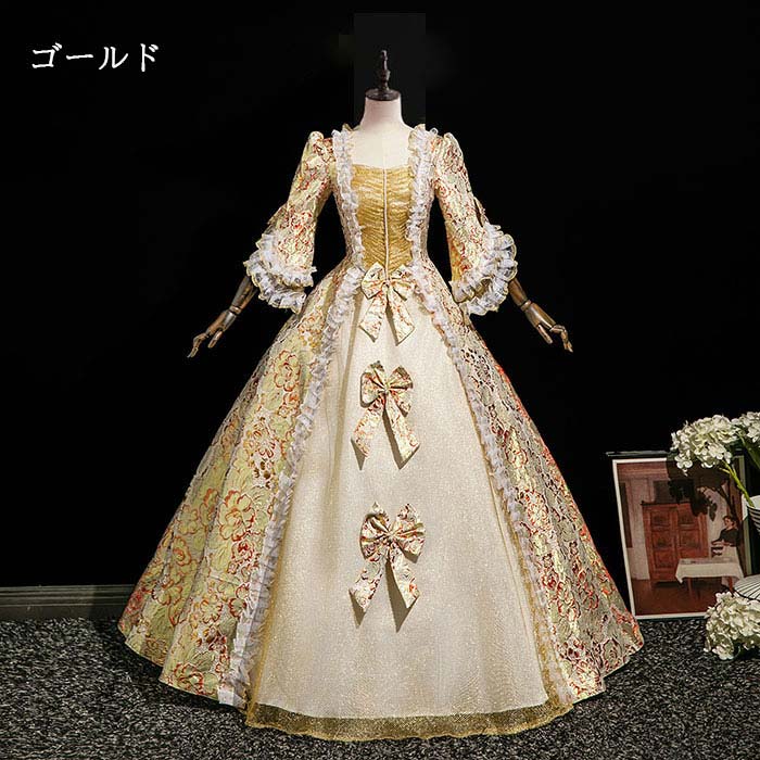 asks Dance Gearの中世風ドレス ヨーロッパ宮廷風 高級感 パーティー プリンセスドレス マキシ丈 ワンピース 貴族 ドレス お姫様ドレス ステージ衣装 洋風ドレス ハロウイン 王族服 コスプレ衣装 花柄ドレス オペラ声楽 中世貴族風 コスチューム ヨーロッパ レトロ クリスマス 学園祭 文化祭｜アングル2