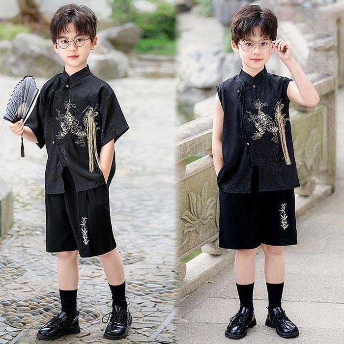 子供服 中華風 男の子 春夏新作 刺繍漢服 キッズスーツ セットアップ タンクトップ 半袖シャツ ショートパンツ 扇子 ステージ衣装 フォーマルスーツ ジュニア 司会者 入学 卒業 発表会 演奏会 学園祭 文化祭 合唱団服 結婚式 中華風 立ち襟 子供 キッズ 小学校 七五三 90~160