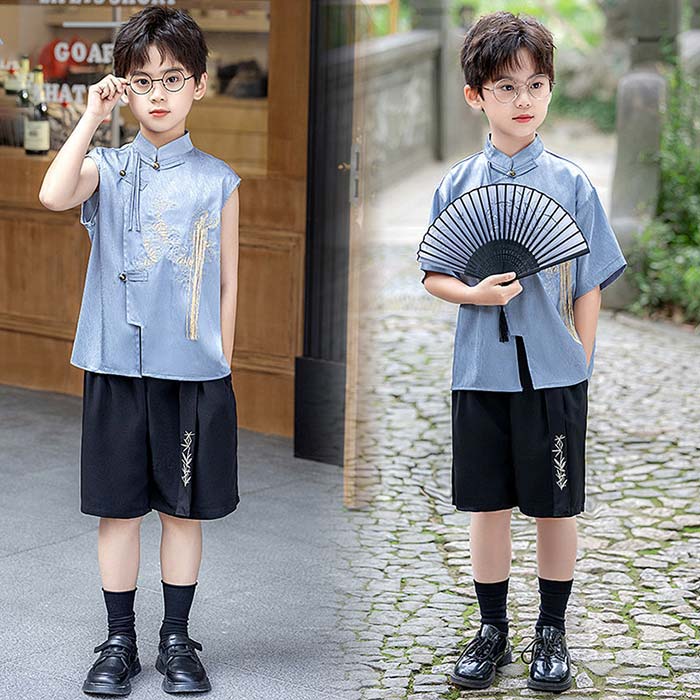 子供服 中華風 男の子 春夏新作 刺繍漢服 キッズスーツ セットアップ タンクトップ 半袖シャツ ショートパンツ 扇子 ステージ衣装 フォーマルスーツ ジュニア 司会者 入学 卒業 発表会 演奏会 学園祭 文化祭 合唱団服 結婚式 中華風 立ち襟 子供 キッズ 小学校 七五三 90~160