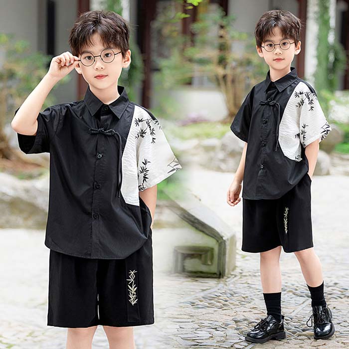 中華風 男の子 子供服 半袖シャツ ショートパンツ 竹柄 扇子 春夏新作 漢服 キッズスーツ セットアップ ステージ衣装 キッズ フォーマルスーツ ジュニア 通学 司会者 入学 卒業 発表会 演奏会 学園祭 文化祭 合唱団服 結婚式 中華風 子供の日 小学校 七五三 誕生日 90~160