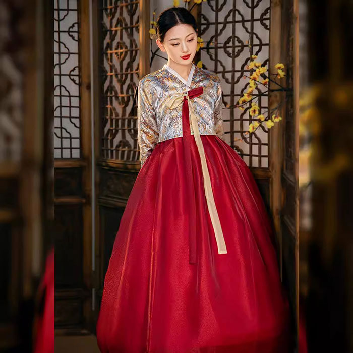 韓服 宮廷風 チマチョゴリ 中国朝鮮族服 韓国服 韓国ドレス 上下2点セット トップス 長袖 花柄 スカート マキシ丈 撮影演出舞台服 韓流ドレス 朝鮮族服 学園祭 普段着 イベント コスチューム コスプレ衣装 変装 仮装 ダンス衣装 記念写真撮影 レッド イエロー 体型カバー