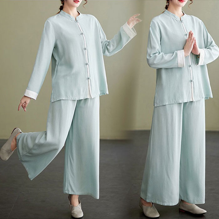 asks Dance Gearの太極拳服 レディース 長袖 シャツ トップス パンツ 配色 太極拳ウェア 練功服 薄手 カジュアル ナチュラル服 チャイナボタン 春 夏 大人 ゆったり 太極拳 服 カンフーウェア ヨガ 茶服 中華武術服 チャイナ服 文化祭 学園祭 イベント 演出服 スポーツウェア 通気｜アングル2