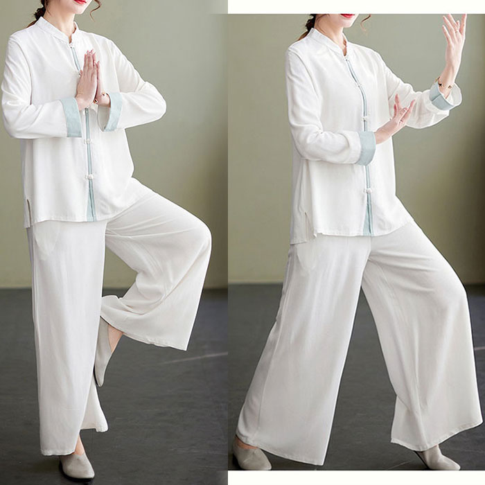 asks Dance Gearの太極拳服 レディース 長袖 シャツ トップス パンツ 配色 太極拳ウェア 練功服 薄手 カジュアル ナチュラル服 チャイナボタン 春 夏 大人 ゆったり 太極拳 服 カンフーウェア ヨガ 茶服 中華武術服 チャイナ服 文化祭 学園祭 イベント 演出服 スポーツウェア 通気｜アングル3