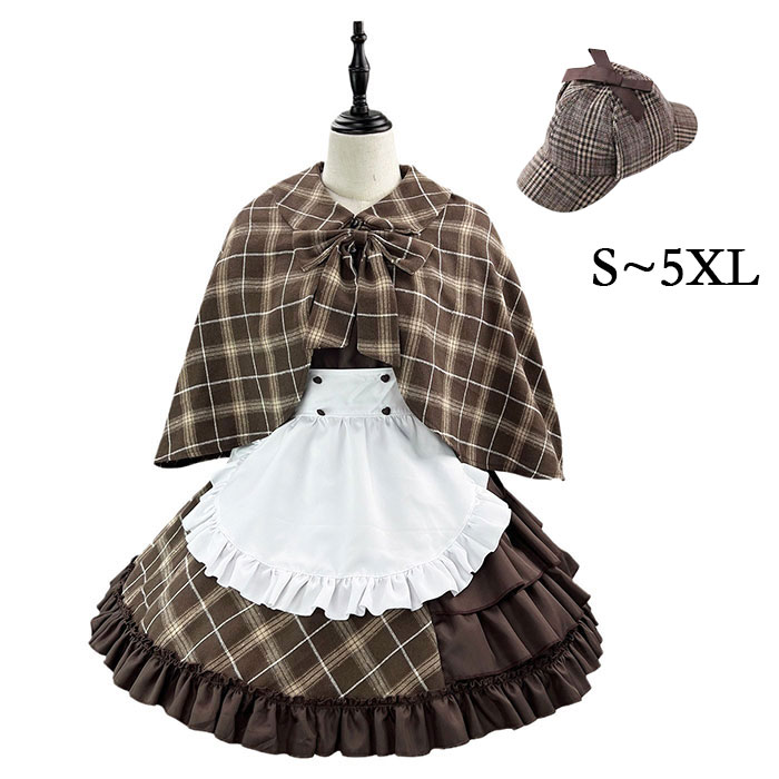 Rakuten - メイド服 セットアップ ワンピース エプロン マントル 帽子 ロリータ 名探偵 制服 チェック柄 ハロウィン コスプレ フリル 可愛い ゴシック 大人 ゴスロリ 仮装 コスチューム 女性 おしゃれ 萌え 喫茶 膝丈 カフェ イベント 定番 コス 男ウケ セクシー 大きいサイズ S-5XL