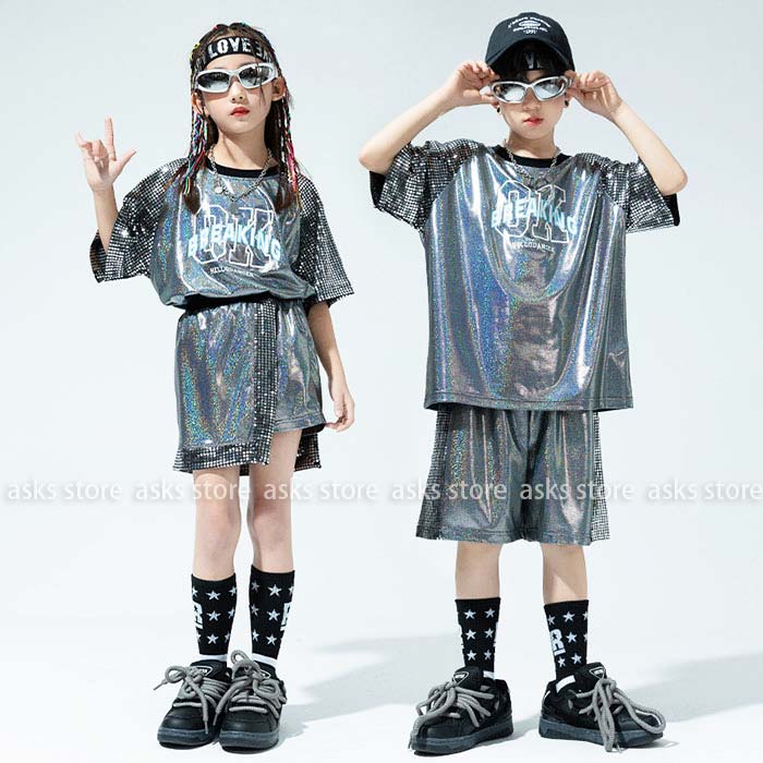 Rakuten - キッズダンス衣装 スパンコール セットアップ ジャズダンス 衣装 ピカピカ ヒップホップ トップス パンツ 半袖tシャツ スカート ハーフパンツ 韓国子ども ストリートダンス HIPHOP 女の子 男の子 ステージ衣装 発表会 上下 2点セット 応援団 おしゃれ 舞台効果抜群 キラキラ