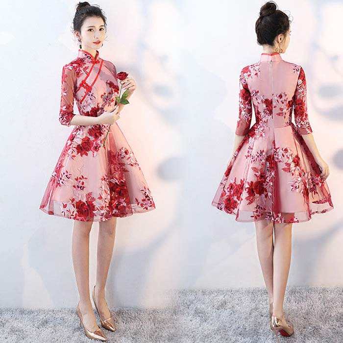 China Dress - 結婚式 ワンピース パーティードレス ブライズメイド レディースドレス 花刺繍 フォーマルドレス チャイナドレス 中国風 膝丈 演奏会用 チュール ピアノ発表会 イブニングドレス 合唱 レディース フォーマル 謝恩会 披露宴 洋服 体型カバー 大人 着痩せ 二次会 大きいサイズ
