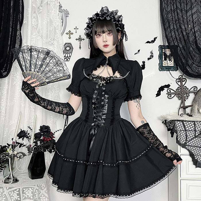 Rakuten - 暗黒系 ゴシック ワンピース コスプレ衣装 レディース ゴスロリ 可愛い ワンピース キャミソール ブラウス 魔女 悪魔 デビル 吸血鬼 レース 女性 大人 パーティー イベント 学園祭 文化祭 余興 ハロウィン 仮装 黒 ブラック おしゃれ セクシー