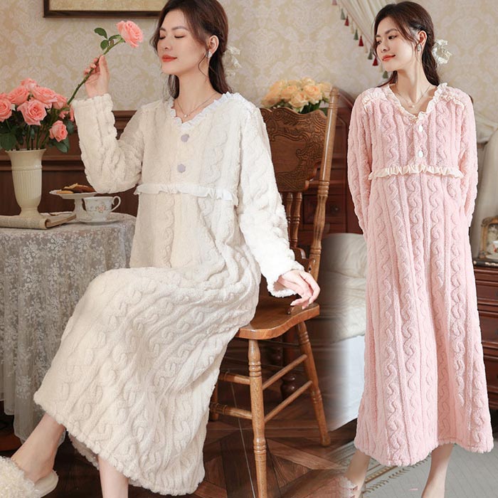 ネグリジェ レディース ルームウェア 秋 冬 厚手 パジャマ ロング丈 ワンピース 長袖 部屋着 ナイトウェア 宮廷風 天使風 ゆったり ふわふわ もこもこ Vネック 防寒 エレガント お姫様 着心地良い 肌触り良い 柔らかい 姫系 寝巻き パジャマ 女性用 寝間着 かわいい あったか