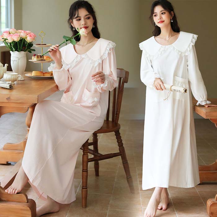 ネグリジェ レディース ルームウェア 秋 秋 パジャマ ワンピース マキシ丈 長袖 ポケット付 レース 部..