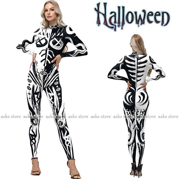 乐天商城 - ハロウイン 衣装 大人用 全身スーツ ホラー ボディスーツ レディース ハロウィン 仮装 コスプレ 髑髏 ジャンプスーツ キャットスーツ プリント柄 魔女 巫女 全身タイツ ヨガ ゴシック コスチューム コスプレ 大きいサイズ コス 余興 仮装 cosplay こすぷれ 舞台ステージ衣装