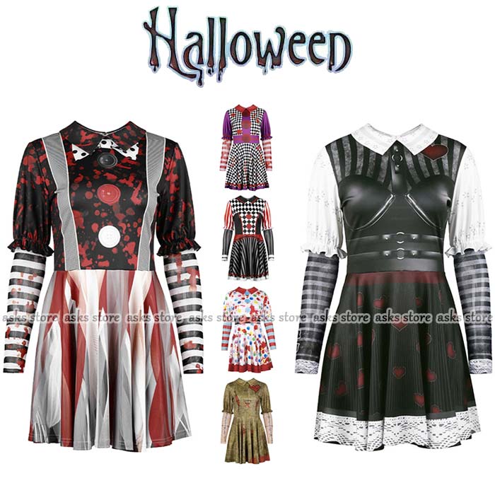 皮耶罗 - レディース ワンピース ハロウィン パーティー コスプレ 衣装 ピエロ 仮装 コスチューム ホラー ジョーカー 変身仮装 魔女 Halloween お化け 大人 女性 お姫系 ピエロ衣装 膝丈ワンピース 可愛い 萌え萌え 巫女 吸血鬼 ヴァンパイア 悪魔 ハロウィーン 変装 ステージ衣装