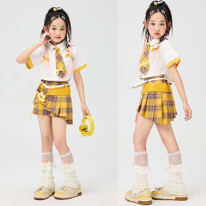 asks Dance Gearの子供ダンス衣装 女の子 セットアップ ジャズダンス ヒップホップ ストリートダンス 半袖シャツ ネクタイ付き スカート チェック柄 幼稚園 可愛い キッズ 舞台ステージ衣装 学園祭 普段着 通園 チアダンス 体育祭 応援団 イベント jazz 団体服 チアガール 発表会 おしゃれ｜アングル2