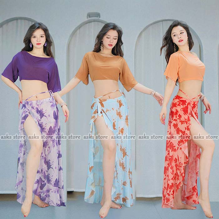 ベリーダンス 演出服 ステージ衣装 セットアップ 練功服 配色 トップス へそ出し スカート メッシュ スリット入り レッスン着 上下セット 練習着 ダンス衣装...