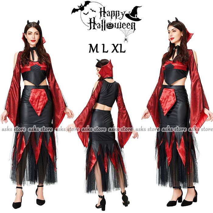 乐天商城 - ハロウィン 大人用 コスプレ衣装 演出服 魔女 女王様 セットアップ トップス スカート 不規則裾 カチューシャ ヴァンパイア バンパイア 吸血鬼 コスチューム 仮装 悪魔 鬼魔女 巫女 女王 女性 お化け 余興 レディース お姫様 文化祭 魔法使い 小悪魔 デビル 赤 パーティー