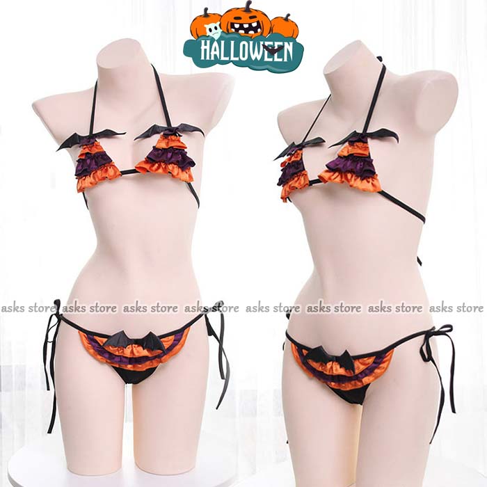 ハロウィン ビキニ レディース ベビードール エロ 魔女 カボチャ コウモリ セクシー ブラー パンツ コ..