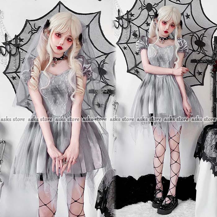 ハロウィン衣装 魔女 ゴシック 鬼の花嫁 ワンピース ヘッドベール 幽霊鬼嫁 花嫁 コスチューム 仮装 悪..