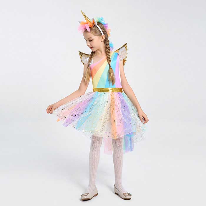 Rakuten - 女の子 ワンピース ハロウィン コスプレ 衣装 子供服 ユニコーン ドレス 虹色 カラフル キラキラ チュールスカート キッズ コスチューム 3点セット 髪飾り 翼 仮装 お化け 魔女 動物 halloween 宴会 学園祭 文化祭 お遊戯会 イベント パーティー クリスマス 忘年会