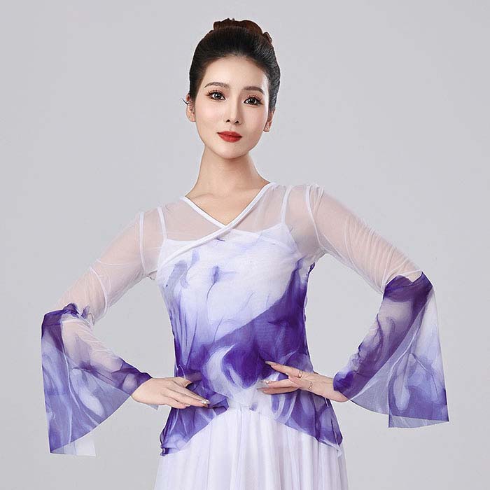 古典ダンス トップス ステージ衣装 グラデーション クラシカル ブラウス キャミソール 2点セット シースルー 古典ダンス 衣装 ラッパ袖 交差Vネック 古典舞踊 バレエ 中華民族ダンス 練習着 レッスン着 長袖 袖スリット エレガント メッシュ 大人用 大きいサイズ