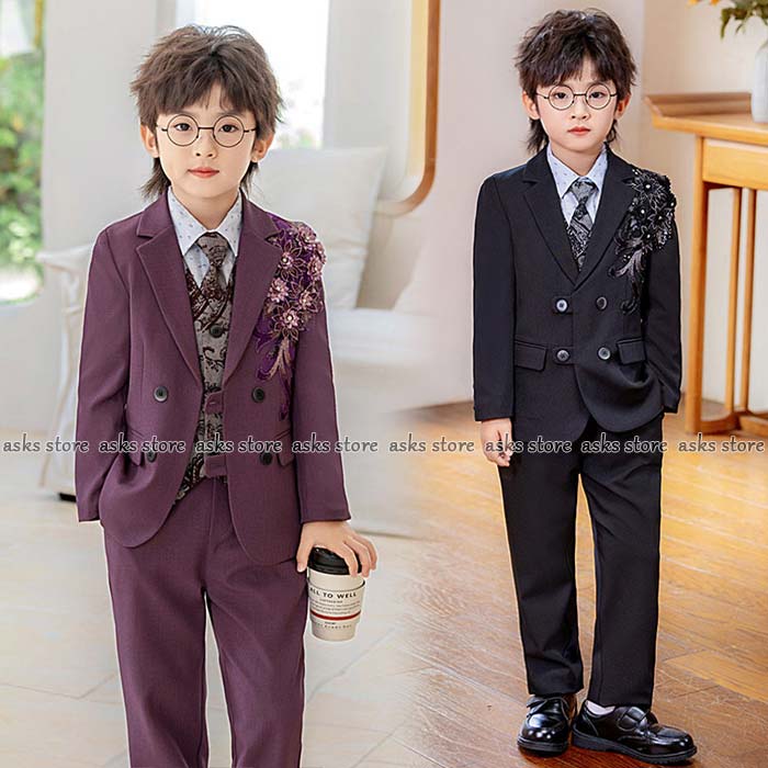 Top & Bottom Sets - 子供 スーツ キッズスーツ 七五三 男の子 スーツ 礼服 卒業式 キッズ フォーマル スーツ ジャケット シャツ ベスト パンツ ネクタイ 紳士服 花刺繍 入学式 卒園式 結婚式 発表会 子供服 長袖 スーツ一式 セットアップ シャツ付き 入園 大きいサイズ 小学生 ジュニア おしゃれ