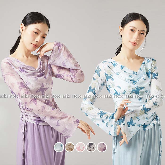 ダンストップス レディース 古典ダンス モダンダンス衣装 長袖 ヨガTシャツ メッシュ 蝶柄 ドレープネック ダンスウェア 練功服 サイド引き紐 ダンス稽古 レッスン着 練習着 ヨガ 新体操 バレエダンス トップス レッスン着 スポーツ ダンスウェア レッスンウェア 着痩せ