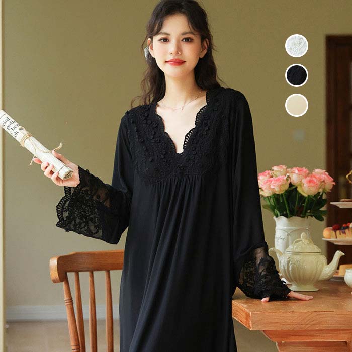レディース パジャマ ネグリジェ ワンピース パジャマ ルームウェア ワンピース Vネック 長袖 花レース チュール 姫系 可愛い 宮廷風 ..