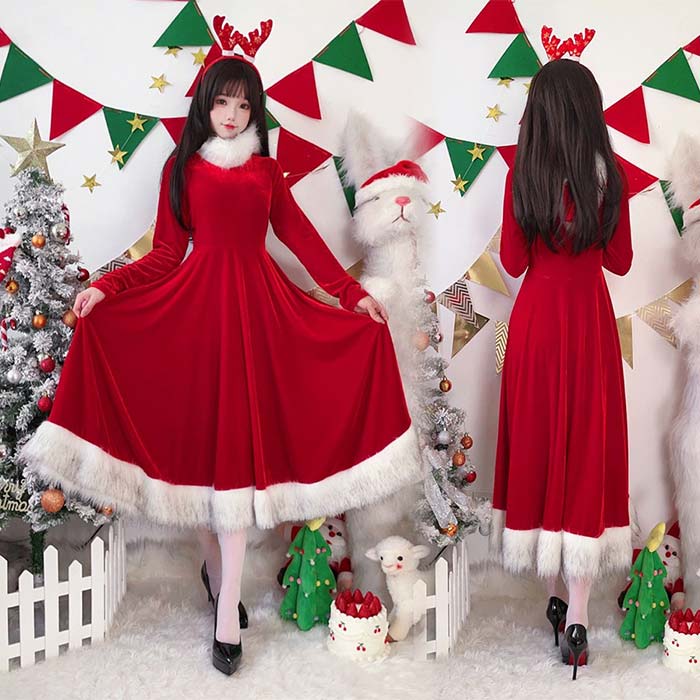 Rakuten - サンタクロース ワンピース 大人 コスプレ衣装 サンタ レディース もこもこワンピース フード付 クリスマス コスチューム Xmas サンタクロース 衣装 マキシ丈 仮装 ふわふわ 長袖 サンタ帽 大きいサイズ 女性 大人 パーティー クリスマス特集 夜職 イベント サンタコス