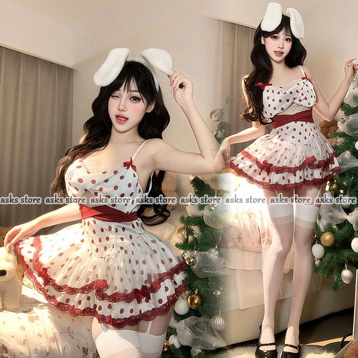 Rakuten - レディース サンタコス ワンピース クリスマス キャバ嬢 バニーガール セクシー 水玉柄 レース ベビードール カチューシャ付 サンタイブ衣装 蝶結び コスチューム コスプレ衣装 過激 サンタ 女性 新年会 クリスマスイブ 大人 サンタコスプレ セクシー エロい 超可愛い